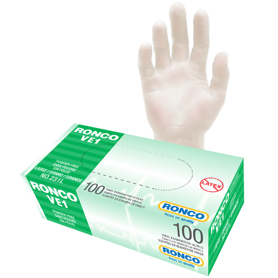 RONCO VE1 Vinyl Clear Examination Glove Powder Free 3 Mil. 100x10