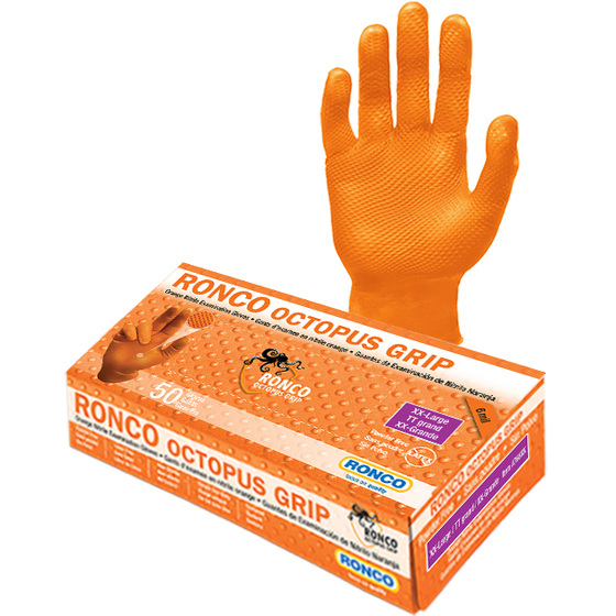 Ronco Octopus Grip 6mil Nitrile Orange Examination Glove Powder Free 6 Mil. Large 50x10